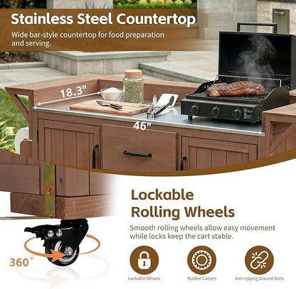 60.2-inch Mobile Outdoor Kitchen Island, Wooden BBQ Table with Stainless Steel countertop, Mobile BBQ Trolley with Storage Cabinet, 2 Storage compartments, Wine Rack and Spice Rack