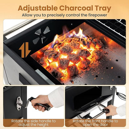 Giantex Charcoal Grill with Foldable Side Shelf, Outdoor BBQ Grill with Adjustable Charcoal Tray, Thermometer, Shelves & Ash Tray, Portable Barbecue Griddle with Wheels for Backyard, Camping, Picnic