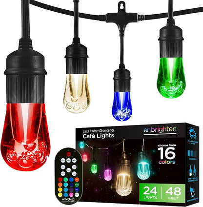 Enbrighten Vintage Outdoor String Lights, 48ft, 24 Bulbs, Remote Control | Coloring Changing LEDs, Weatherproof, Shatterproof Acrylic Bulbs, Drop Cord, Easy Install Keyholes, Linkable up to 750ft