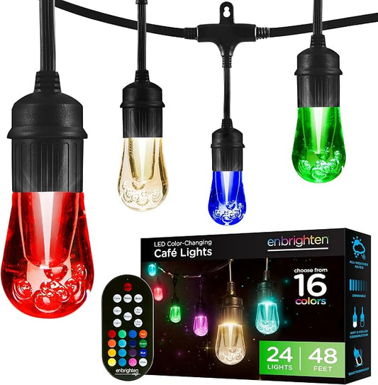 Enbrighten Vintage Outdoor String Lights, 48ft, 24 Bulbs, Remote Control | Coloring Changing LEDs, Weatherproof, Shatterproof Acrylic Bulbs, Drop Cord, Easy Install Keyholes, Linkable up to 750ft