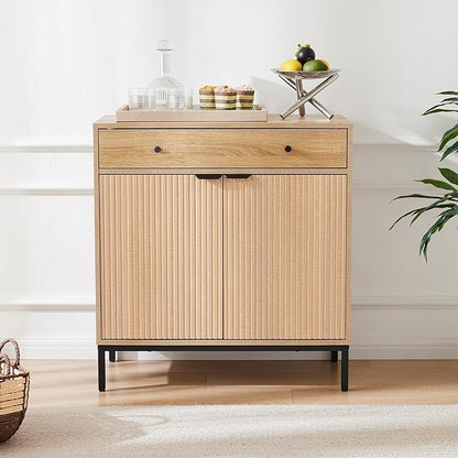 Mericonia Farmhouse Buffet Sideboard Cabinet with Storage, Fluted Coffee Bar with Doors and Adjustable Shelves, Modern Wood Cabinet for Kitchen, Livingroom (Fluted 2 Door, Natural)