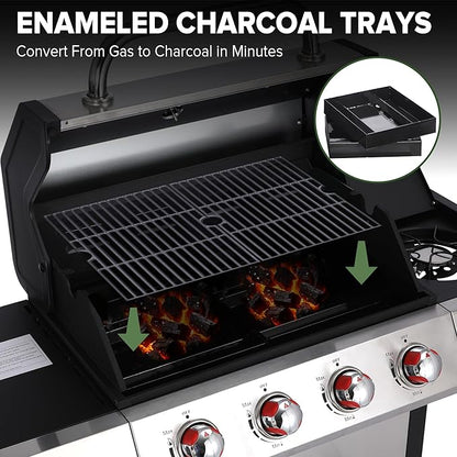 Gas and Charcoal Grill Combo with Side Burner, 4-Burner Propane Grill and Griddle Combo with Porcelain-Enameled Cast Iron Grates & Double-Wall Insulated Lid, 49,000 BTU Outdoor BBQ Grill
