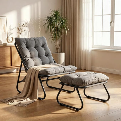 Rocking Chair with Ottoman, Modern Metal Frame Outdoor Rocker, Comfy Patio Lounge Chair with Footrest, Reading Glider Chairs for Living Room, Bedroom, Balcony, Garden, Relax, Grey