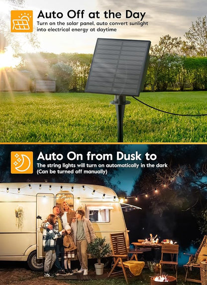 Minetom 34FT Solar String Lights Outdoor with Remote, Patio Lights | with 10 LED Shatterproof Bulbs and Hooks, E26 Socket and Type-C Port,Waterproof Hanging Lights for Outside Cafe Garden Bistro