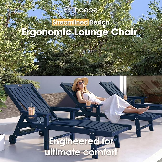 THOEOE Patio Chaise Lounge Chair Set of 2, Oversized Lounge Chair Outdoor with 5 Positions, 78″ Long, HDPE, Patio Lounge Chair with Wheels & Cup Holder for Pool, Deck, Poolside,Navy Blue