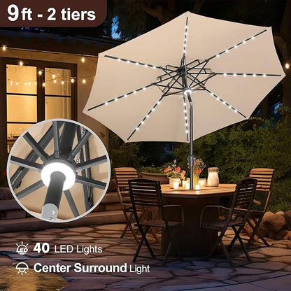 FLAME&SHADE 2 Tiers 9ft Solar Light Patio Umbrella, 40 LED lights outdoor umbrella with Centre Surround Light, Table Market Umbrella for Deck, Pool, Porch, Backyard, Garden (Beige)
