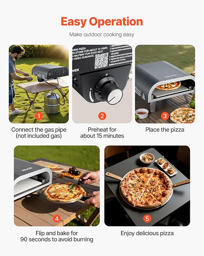 VEVOR Propane Outdoor Pizza Oven, 12 Inch Gas Pizza Maker, Max 1000℉, Portable Outdoor Cooker with Thickened Pizza Stone, 3 Layers Pizza Oven for Outside Patio Camping & Backyard, Black