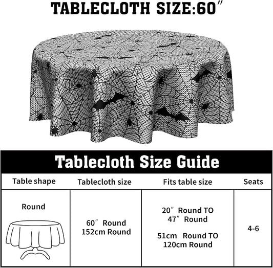 Sweetshow Halloween Bat Table Cloth Round Black and White Spider Web Tablecloth 70 Inch Decor Washable Stain and Wrinkle Resistant Round Table Cover for Dining Party Picnic