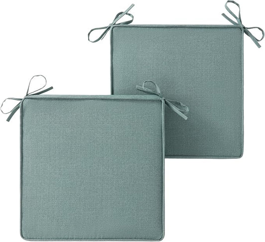 Outdoor 18 inch Square Patio Dining Chair Pads – Comfortable Fiber-Filled Seat Cushions with Ties, Reversible Polyester Fabric - Seaglass, Set of 2