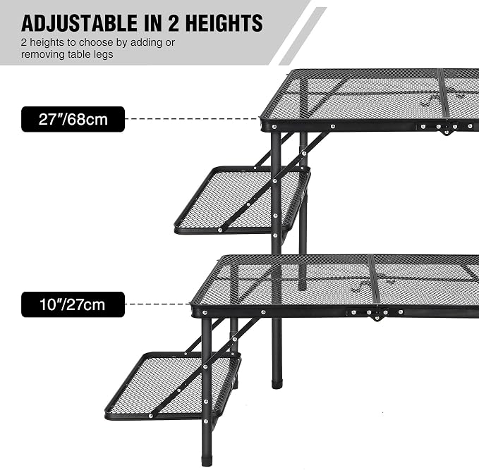 Folding Grill Table with Extension Space, Adjustable Height Portable Large Stand Camp Table for Outdoor Indoor Camping Picnic BBQ, Black with Side Panels