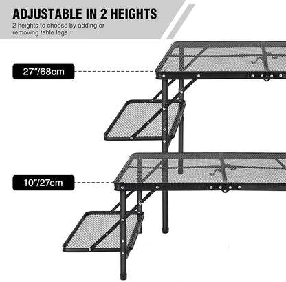 Folding Grill Table with Extension Space, Adjustable Height Portable Large Stand Camp Table for Outdoor Indoor Camping Picnic BBQ, Black with Side Panels