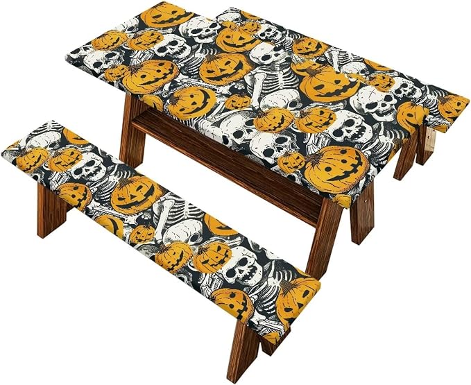 Halloween Pumpkin Skull Elastic Picnic Table Cover with Bench Covers Camping Table Cloth for Picnic Table 3 PCS Set Size S/L