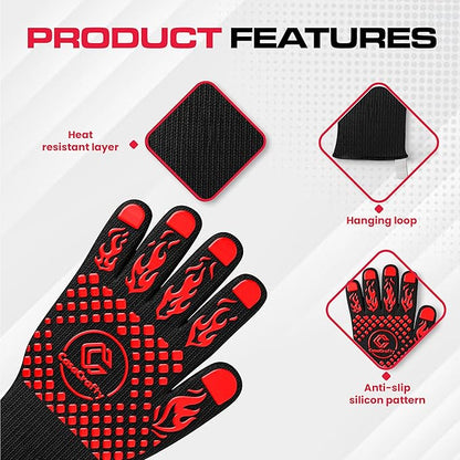 PRO-Series BBQ Gloves - Extreme Heat Resistant 1472°F | EN407 Certified Fireproof/Heatproof Grill Mitts with Silicone Grip | 13” Long for Grilling, Baking, Cooking, Camping & Welding by CASACRAFTY