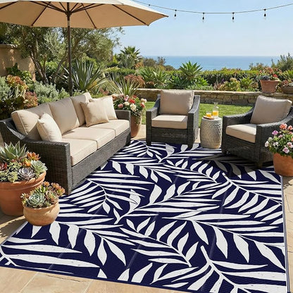 Smiry Outdoor Rug 8x10 ft Waterproof Reversible Leaf Mat, Navy & White | Polypropylene Plastic Straw, Quick Drying, Lightweight Foldable, for Patio, Deck, RV Camping, Backyard and Indoor Outdoor Use
