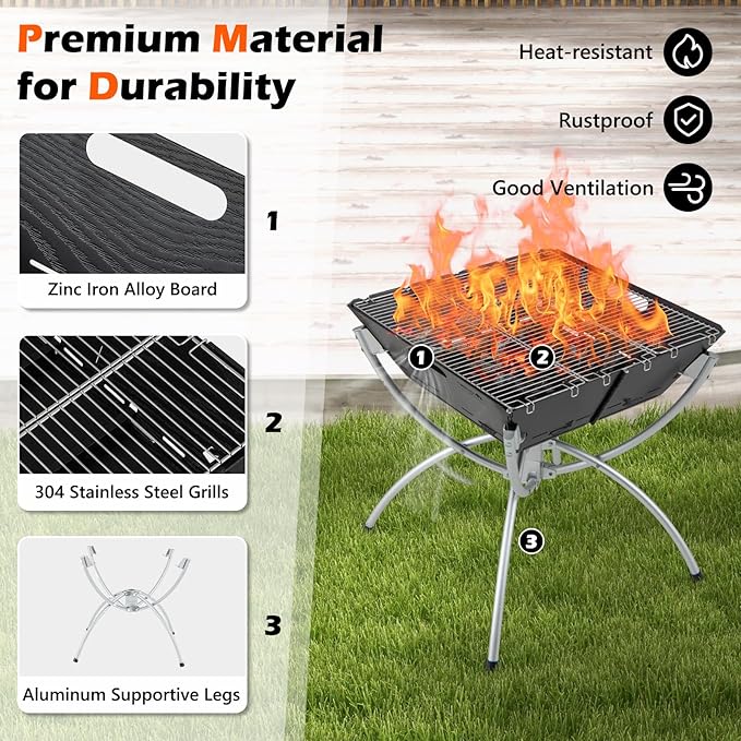 HAPPYGRILL 3-in-1 Foldable Fire Pit With Grill for Outside, Collapsible Wood Burning Camping Fire Pit for BBQ Bonfire Outdoor Cooking
