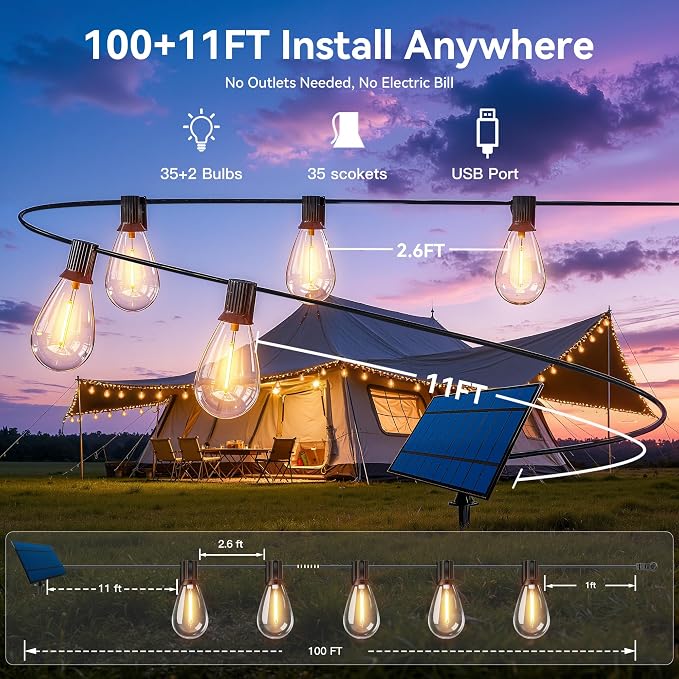 Ollny S11 100FT Solar String Lights Waterproof Dimmable for Backyard | Patio Lights with Remote & Timer & 3 Lighting Modes, Shatterproof Edison Bulbs, String Lights for Outside Party Décor
