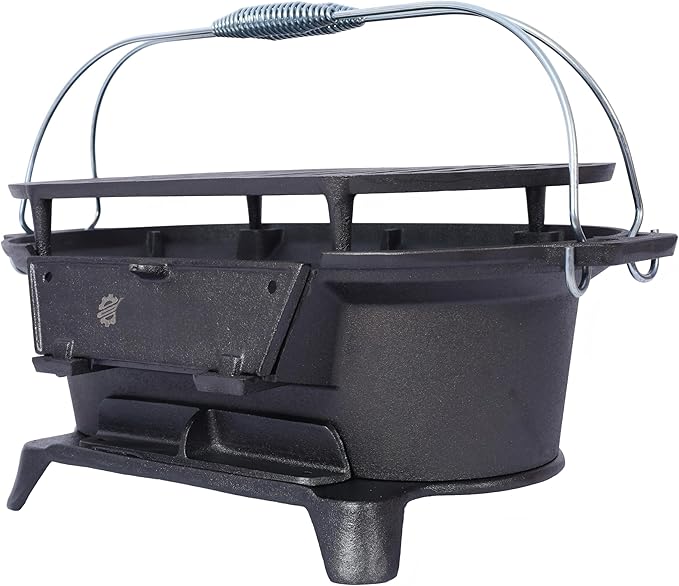 LuckyNote Oval Iron Grill Outdoor, Portable Charcoal Grill and Tabletop Cast Iron Skillet - 100% Cast Iron, Durable, Small Charcoal Grill, Camping Stove, Hibachi Grill