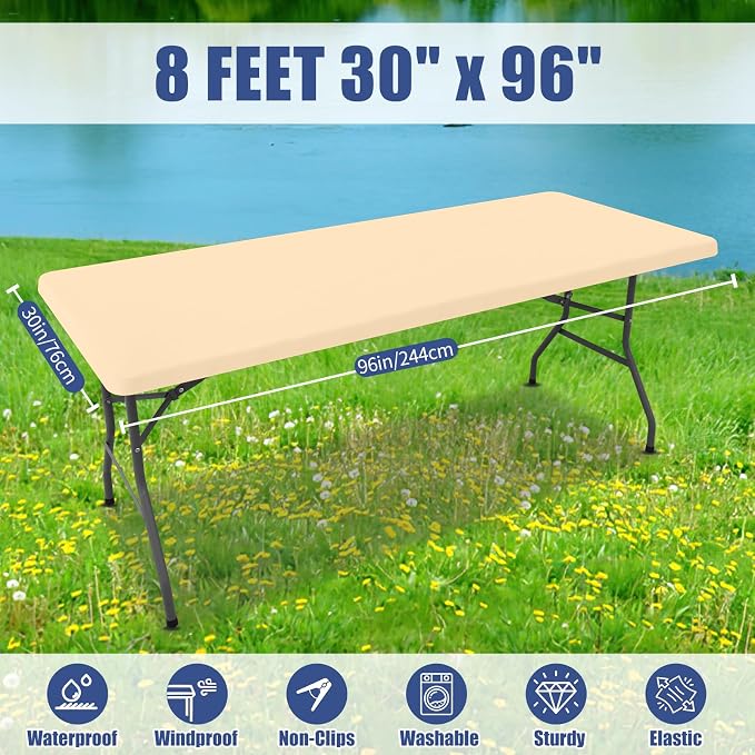 Moosfor 2 Pack Rectangle Spandex Fitted Table Cloth, 8FT Elastic Tablecloth | Washable Picnic Table Cover, Stretch Waterproof Table cloths for Party, Patio, Dining, Kitchen, 30" x 96", Ivory