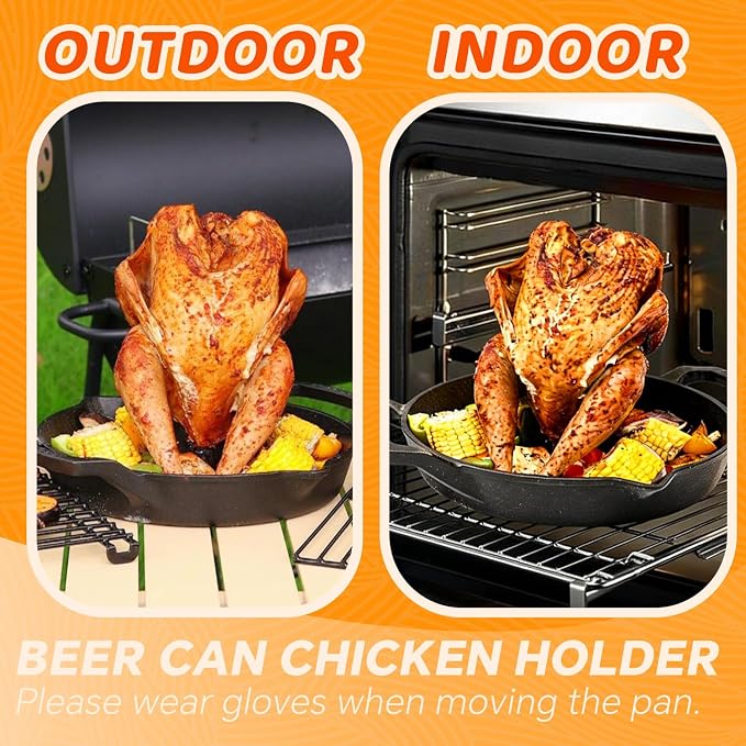 Cast Iron Chicken Roaster, Pre-Seasoned Vertical Poultry Roaster with Drip Pan, Beer Can Chicken Holder for Grill, Oven & Smoker