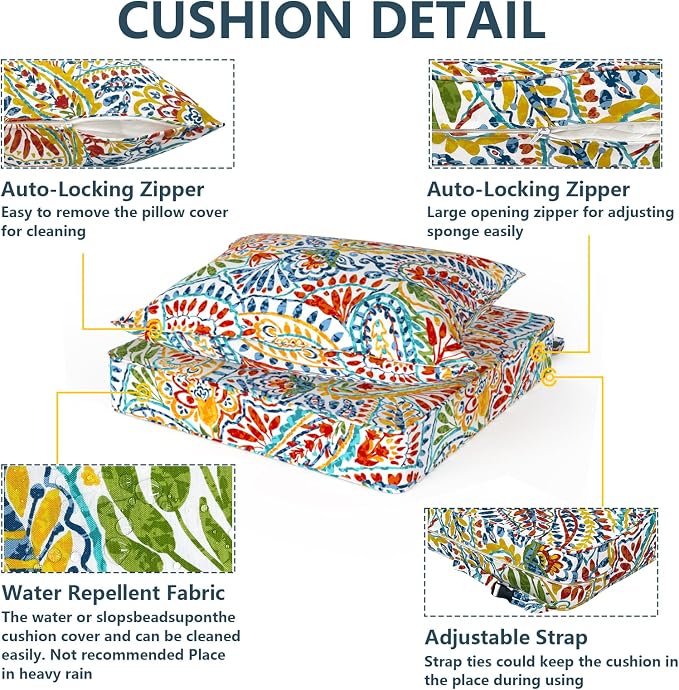 DYTXIII Outdoor Deep Seat Cushion Set, Water Repellent 24"x24" Patio Thick Cushions Replacement with Seat & Back Pillow for Patio Sofa, Wicker Chair, Couch - Paisley Multi