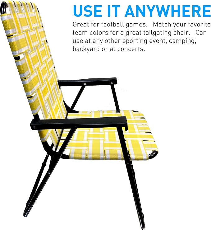 Lawn Chair Folding Steel Webbing Chaise Patio Lounger Seat Wood Handles Great for Camping, Beach, Fishing, Backyard, Stadium, Pool, Boating, and Sports 4 Pack Yellow Stripes