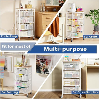 Goovilla Kitchen Cart with Drawers, Lockable Wheels with Wooden Top, White | 4 Tier Metal Rolling Utility Cart Organizer, Fruit Vegetable Storage Rack Also for Cans, Snack, Craft, Art, Office, Beauty