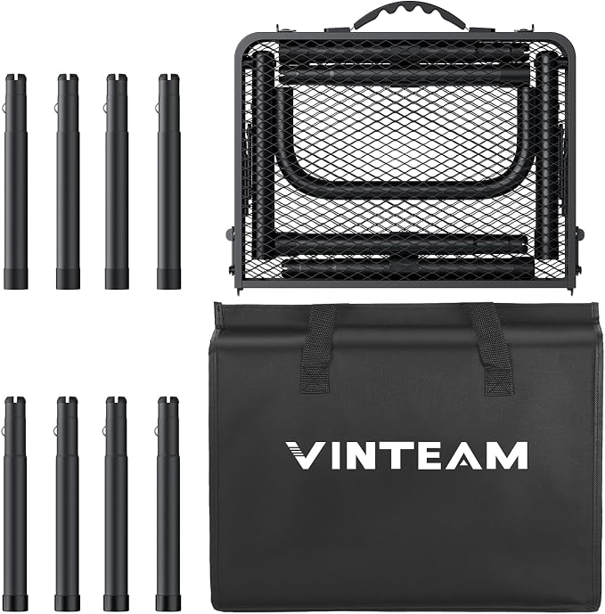 VINTEAM Camping Folding Grill Table | 3 Adjustable Heights | Lightweight, Portable Aluminum Table for BBQs, Picnic, and Outdoor Use | Mesh Desktop, 66lbs Weight Capacity