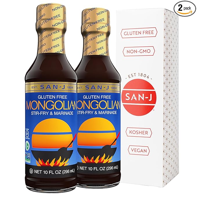 San-J - Gluten Free Mongolian Sauce - Bold and Flavorful Sauce for Cooking - Non-GMO - 10 oz. Bottles - 2 Pack