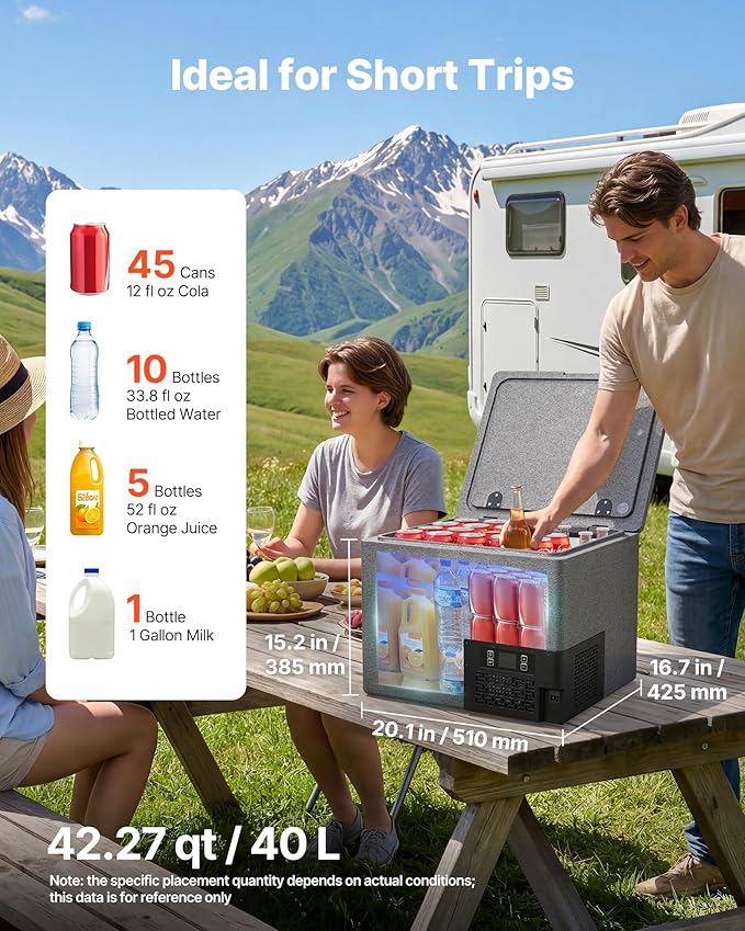 VEVOR 12 Volt Refrigerator, 42.3 QT/ 40L Car Fridge, Portable Ultra-Light EPP Freezer, APP Control Electric Compressor, 12V/24V DC, 14℉ to 50℉, for Truck Van RV SUV Boat Travel Camping ASIN B0GZB65DNP