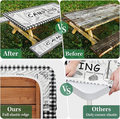 Picnic Table Cover with Bench Covers Elastic Edges, Farm Plaid Fitted Table Cover, Outdoor Patio Camping Essentials 60 Inch 3PCS, Waterproof Camping Fitted Tablecloth with Drawstring Bag