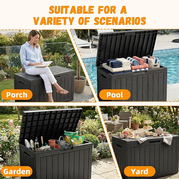 ROJIK Outdoor Storage Box, 55 Gallon Waterproof Deck Box, Weatherproof Resin Outside Storage Bin for Patio Furniture, Garden Tools, Pool Accessories, Cushion, Black