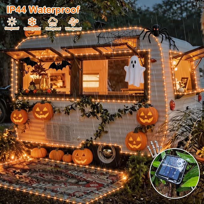 QITONG 2 Pack Solar Halloween Lights, Each 33ft 100 LED Orange String Lights, 8 Modes Fairy Lights in Clear Thin Tube for Thanksgiving Fall Decor