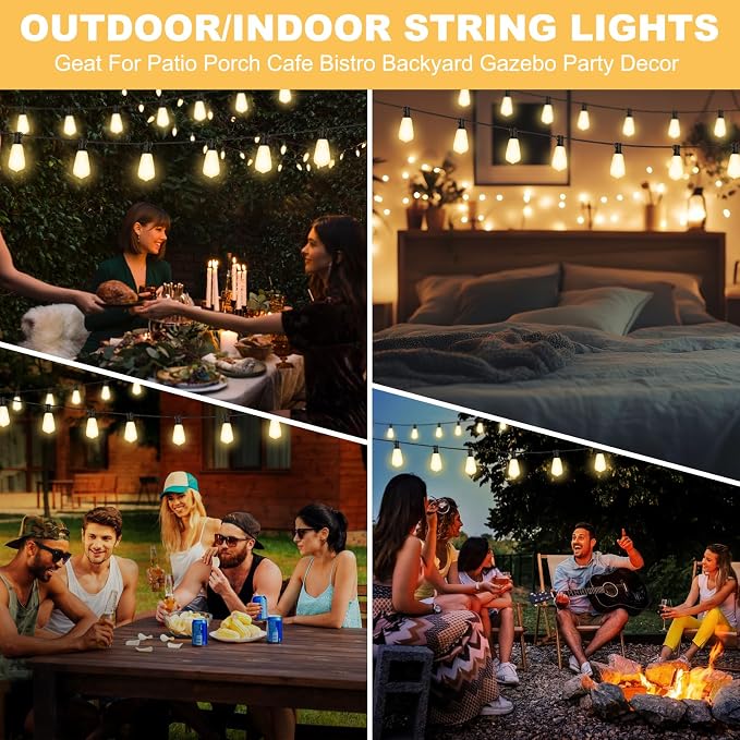 Outdoor String Lights 100FT with 64 Bulbs 1.5FT Spacing, 120W Dimmer,Remote | 120W Dimmer, Remote, Dimmable, Cable Ties, 1.5FT Spacing, End-to-End Connectable, Waterproof for Patio Outside Backyard