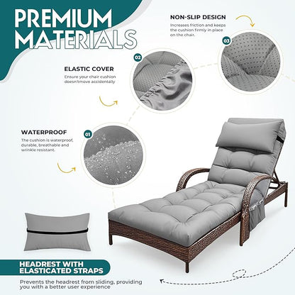 Outdoor Chaise Lounge Chair Cushion, Waterproof Outdoor Chair Cushions for Patio Furniture, 71 x 21 x 4 Inches Replacement Chaise Lounge Cushion with Ties (Grey)