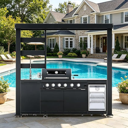 97" Stainless Steel Outdoor Kitchen Island with 4-Burner 72000 BTU,Gas Grill with Side Burner,Rotisserie Oven,Beverage Fridge,Galvanized Steel Roof,Granite Countertops,Sink.(Natural Gas)