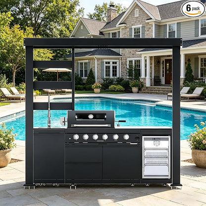 97" Stainless Steel Outdoor Kitchen Island with 4-Burner 72000 BTU,Propane Grill with Side Burner,Rotisserie Oven,Galvanized Steel Roof,Granite Countertops,Beverage Fridge,Sink.(Propane Gas)
