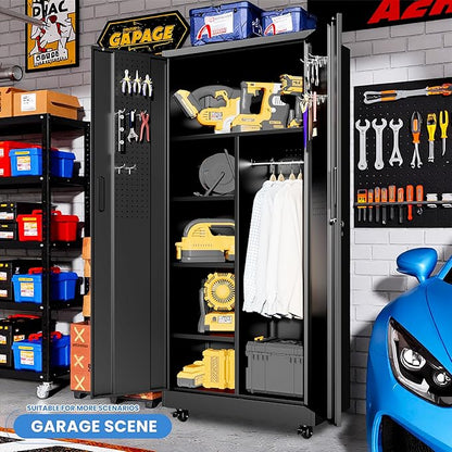 Metal Garage Storage Cabinet with Pegboard and Hanging Rod, 71'' Tall Metal Broom Closet Storage Cabinets, Rolling Tool Cabinet on Wheels for Garage, Utility Room (Black)