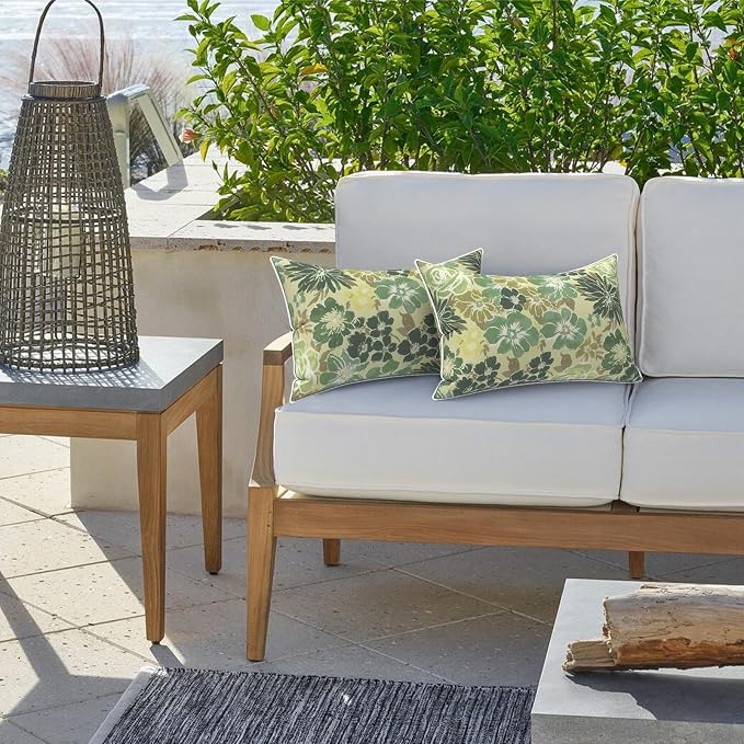 LVTXIII 2 Pack Outdoor Lumbar Pillow Covers 12x20 Inch with Piping, Water-Repellent Back Cushion Covers ONLY for Patio Furniture, Sofa, Garden Bench, Green Rose