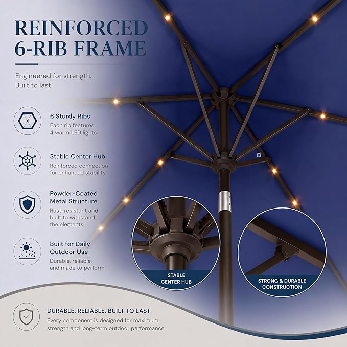 6.5 x 10ft Rectangular Patio Umbrella with Solar Lights, 16 LED Lighted Market Umbrella with Push-Button Tilt and Crank, 6 Sturdy Iron Ribs for Garden, Deck, Pool, Navy Blue