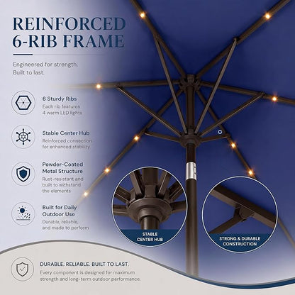 6.5 x 10ft Rectangular Patio Umbrella with Solar Lights, 16 LED Lighted Market Umbrella with Push-Button Tilt and Crank, 6 Sturdy Iron Ribs for Garden, Deck, Pool, Navy Blue