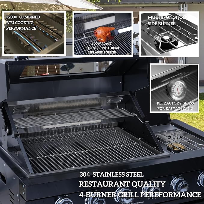 98" 4-Burner 72000 BTU Deluxe Outdoor Kitchen Island,304 Stainless Steel Modular LPG BBQ Grill Combination With Granite Countertops, Storage Cabinet, Refrigerator and Sink (98"-Siver, Propane Gas)