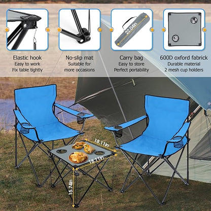 HaSteeL Folding Camping Chair Set of 3, Foldable Blue Camp Chairs & Grey Table, Large Lawn Chair Portable for Adults Hiking, Fishing, Picnic, Outdoor BBQ, Travel, Sports, Cup Holders & Storage Bags