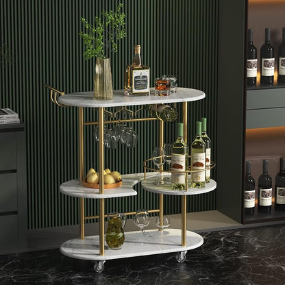 Gold Bar Carts with 4-Tier Storage Shelves, Mobile Bar Serving Cart with Wine Rack and Glass Holder, for The Home, Kitchen, Living Room, Dining Room