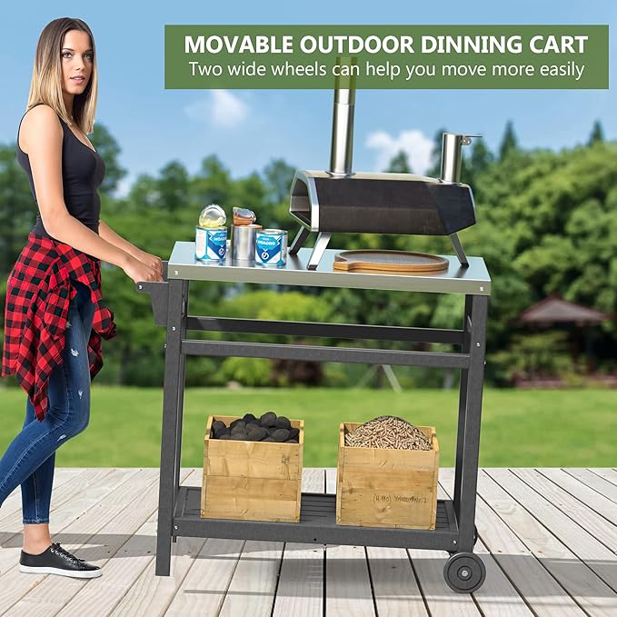 TORVA Outdoor Prep Grill Carts, 303 Stainless Steel Tabletop with High Load Capacity Portable BBQ Table, HDPE Durable Frame 2-Tier Storage Cart, Grey