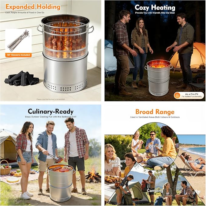 Smokeless Charcoal Hanging Grill, Portable Smokeless Barbecue Charcoal Barrel Grill with 50 Skewers and BBQ Grill Cooking Grate for Travel Camping Picnic