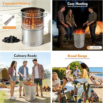 Smokeless Charcoal Hanging Grill, Portable Smokeless Barbecue Charcoal Barrel Grill with 50 Skewers and BBQ Grill Cooking Grate for Travel Camping Picnic