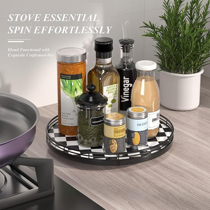 AMH 12 Inch Black and White Checkerboard Lazy Susan with Oak Wood Base | Smooth rotating oak tray with walnut finish for dining tables, kitchen counters, pantries and cabinet storage.