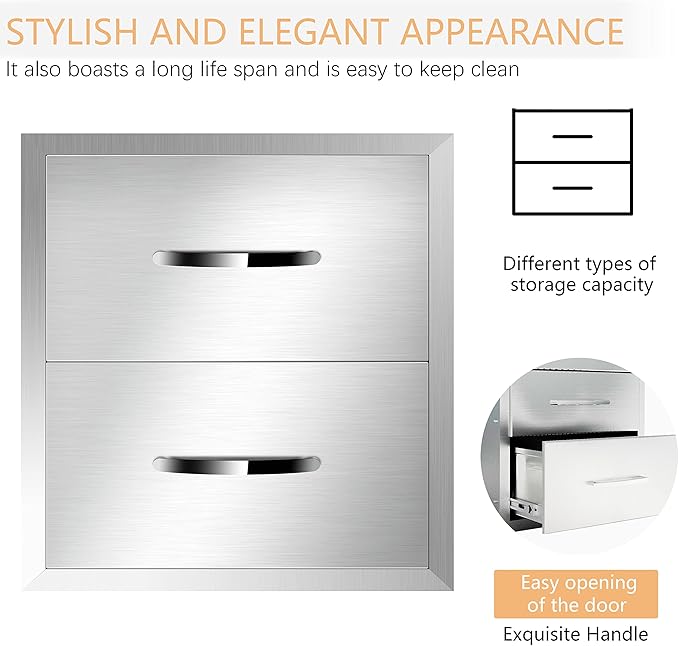 18''W x 15''H x 23''D Outdoor Kitchen Stainless Steel Flush Mount BBQ Double Access Drawers with Handles for Outdoor Kitchens or Patio Grill Station