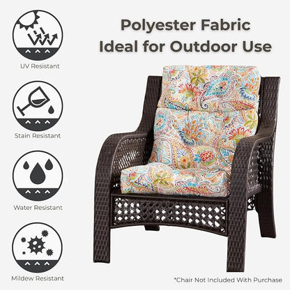 Outdoor Tufted High-Back Chair Cushions, One-Piece Hinged Seat and Back Design, Reversible with 4 Ties, Durable Polyester Fabric, Recycled Fiber Fill - Single, Jamboree Paisley
