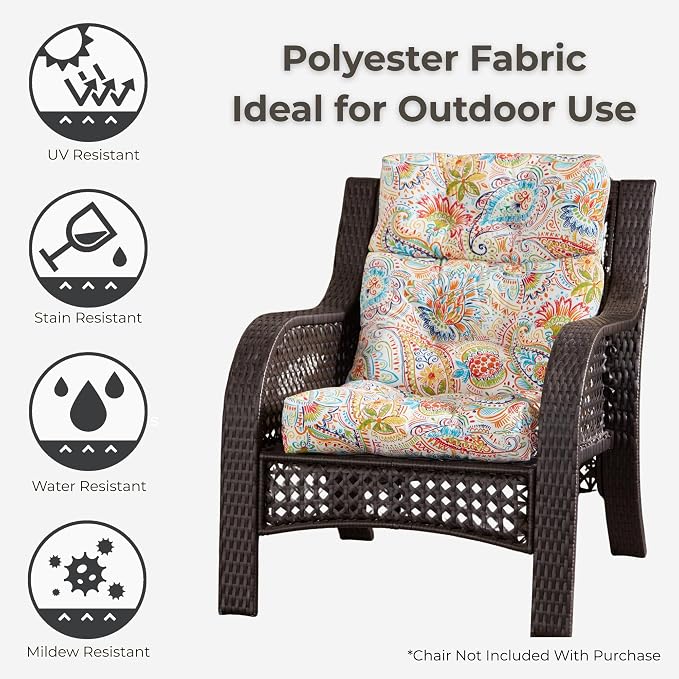 Outdoor Tufted High-Back Chair Cushions, One-Piece Hinged Seat and Back Design, Reversible with 4 Ties, Durable Polyester Fabric, Recycled Fiber Fill - Set of 2, Jamboree Paisley